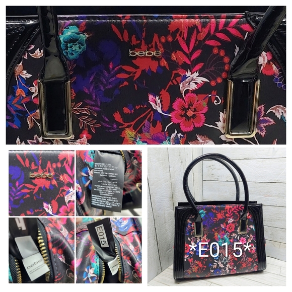 Bebe Black Multi-Floral Print Med/Lrg 2Handle Zip Pockets Square Satchel Handbag - Picture 8 of 8